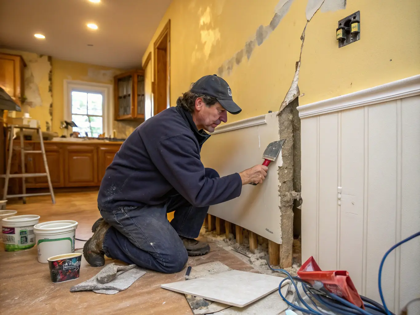 A photo of a drywall repair project in progress, highlighting the meticulous patching and sanding work done by Fire Water Mold of Texas's skilled technicians.