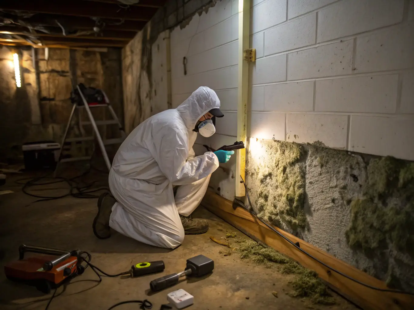 A Fire Water Mold of Texas technician in protective gear carefully inspecting and removing mold from a basement wall, highlighting their expertise in mold detection and safe removal techniques.