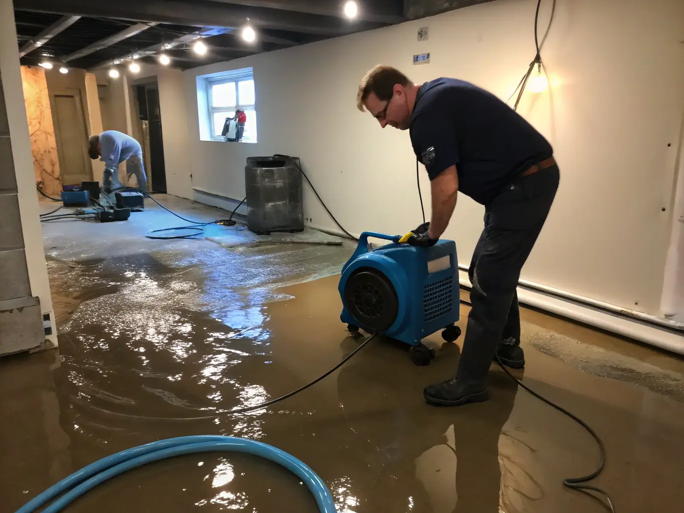 A high-resolution image depicting water extraction in a flooded basement, showcasing the professional equipment and protective gear used by Fire Water Mold of Texas technicians.