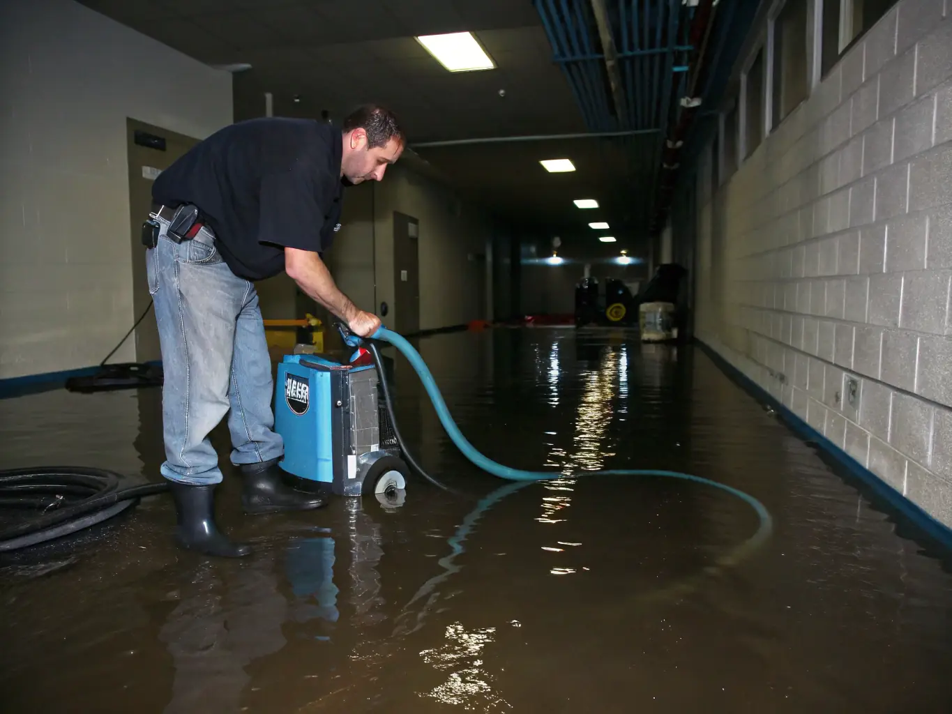 A team of Fire Water Mold of Texas technicians using professional-grade water extraction equipment to remove standing water from a flooded living room, showcasing their rapid response and efficient water removal process.