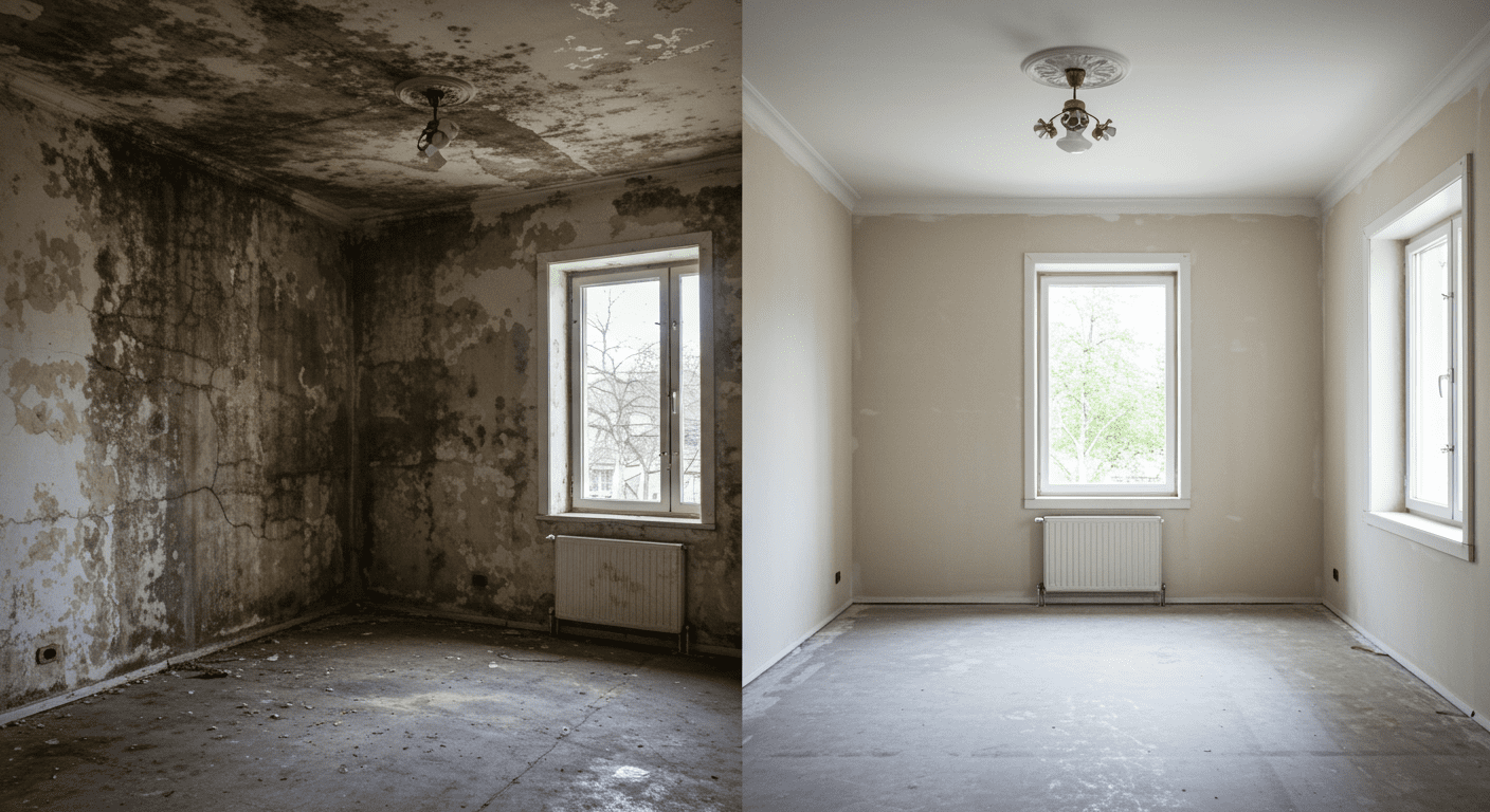 A split image showing the same room before and after mold removal, highlighting the transformation and cleanliness achieved post-remediation.