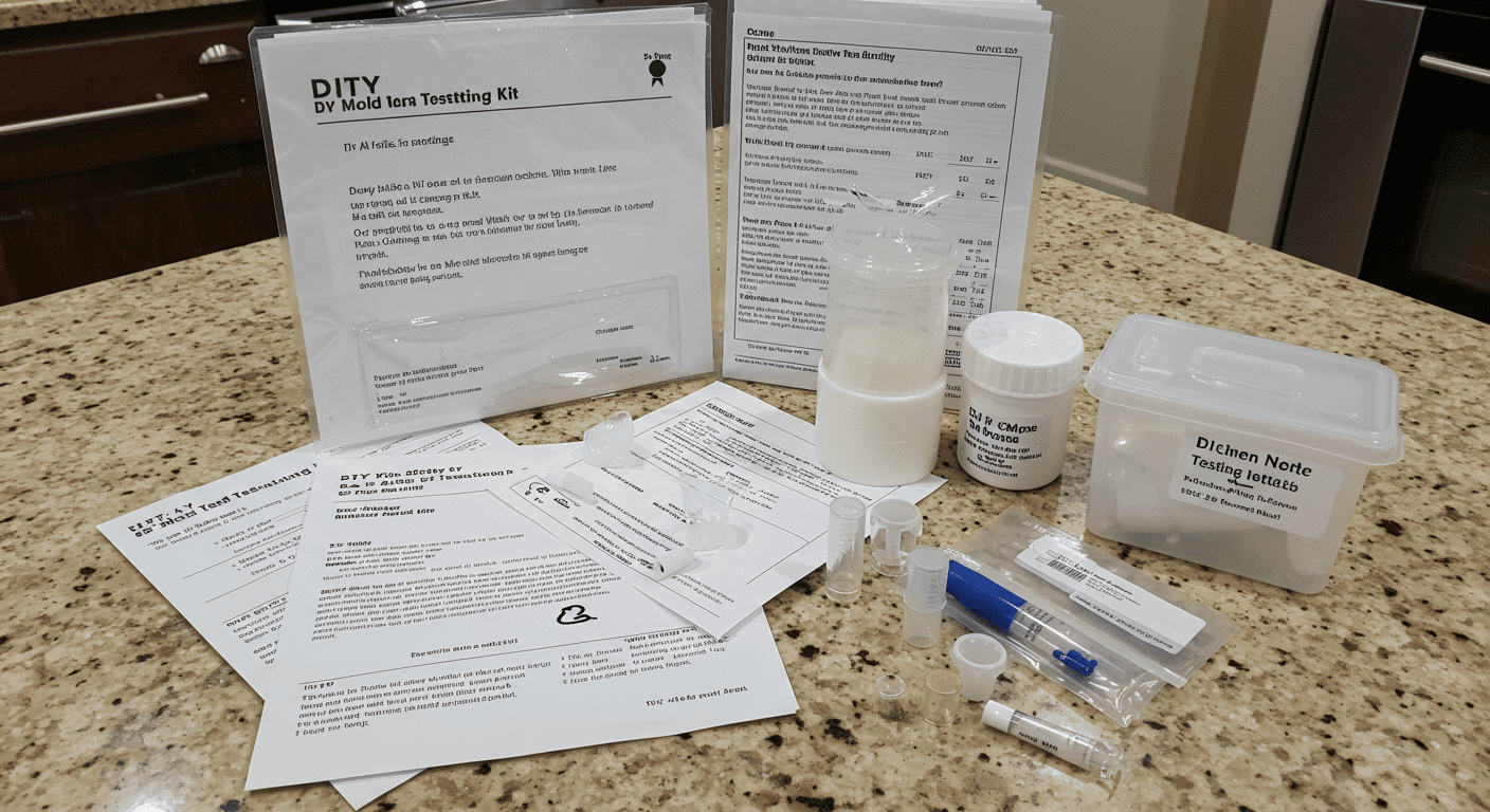 A DIY mold testing kit laid out on a kitchen counter, with instructions and samples ready for testing.