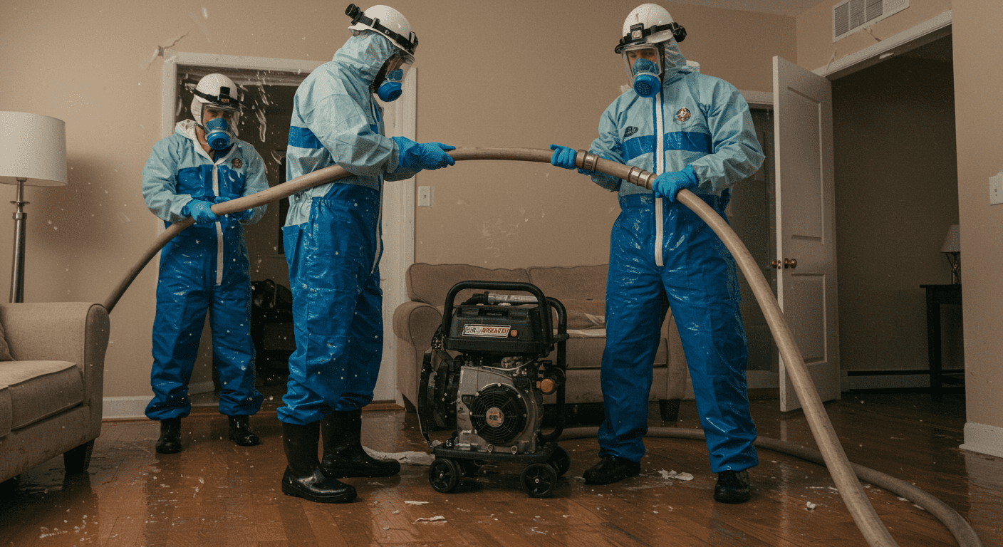 A dynamic scene of a water damage restoration team in action, wearing protective gear as they work to extract water from a flooded living room.