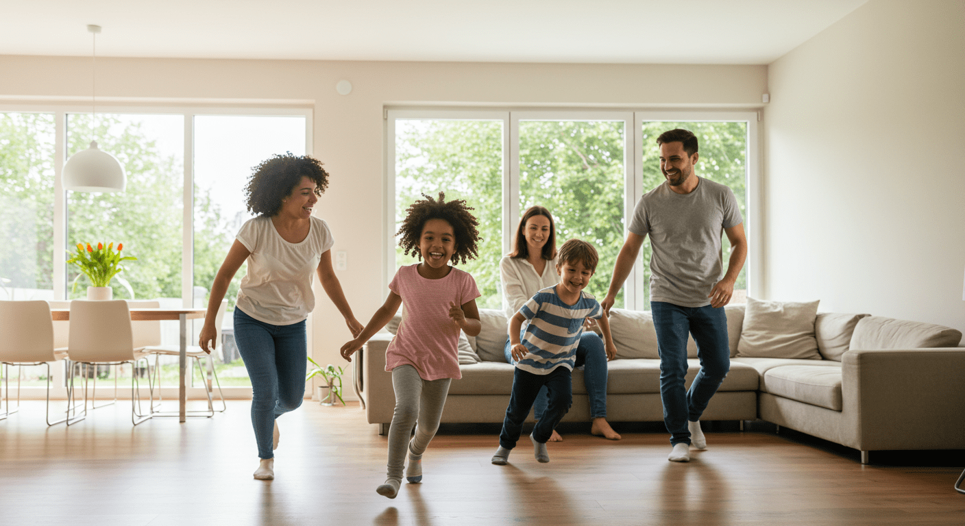 A family happily enjoying their mold-free home, emphasizing the benefits of mold prevention and treatment services.