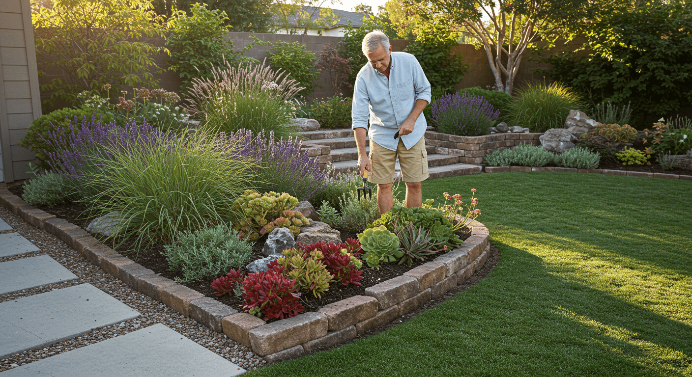 A well-maintained yard featuring proper grading and drought-resistant plants, with a homeowner inspecting the landscape.