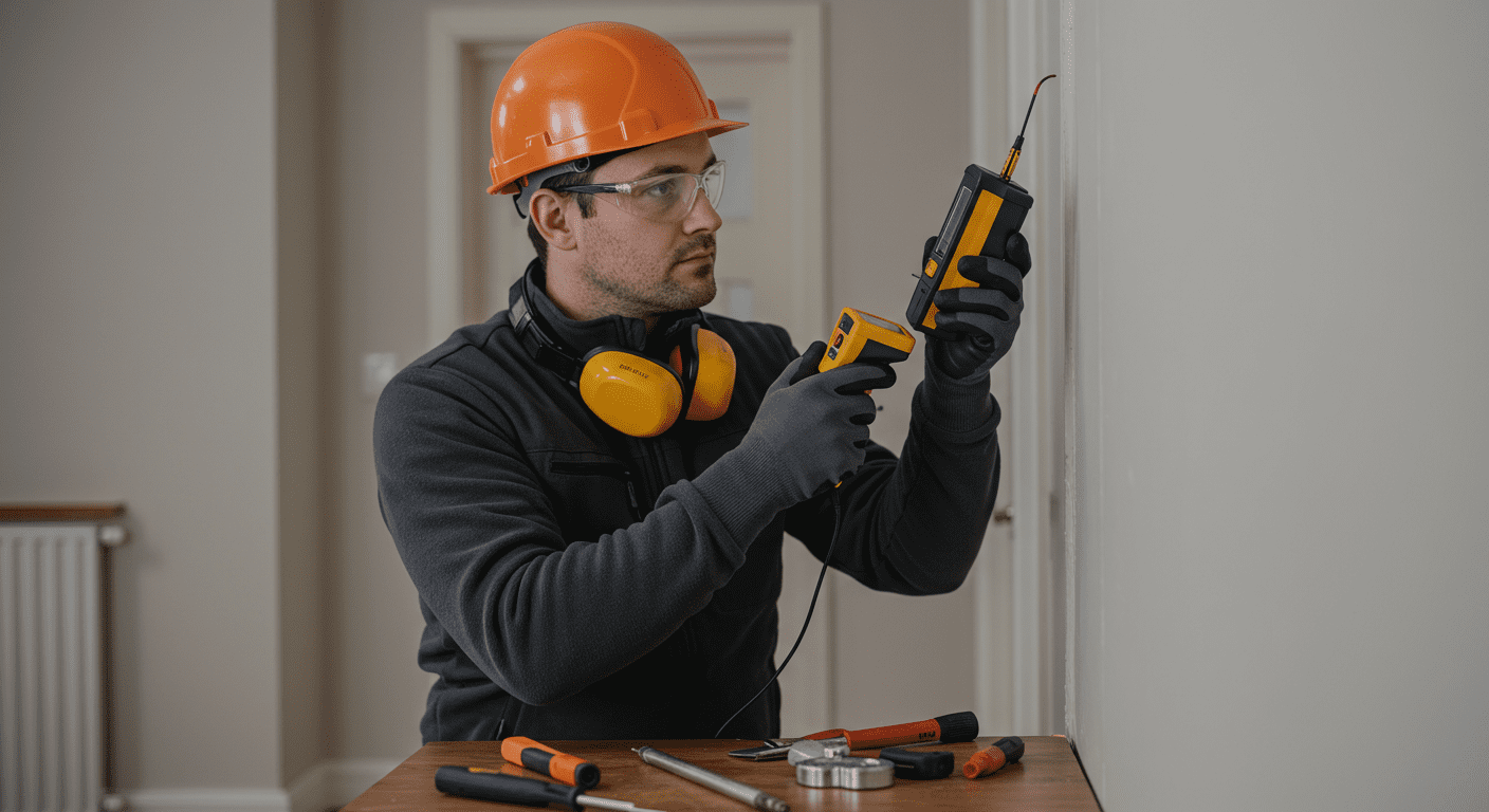A professional home inspector using a moisture meter to assess a wall in a residential setting. The inspector is focused, wearing safety gear, and surrounded by tools of the trade.