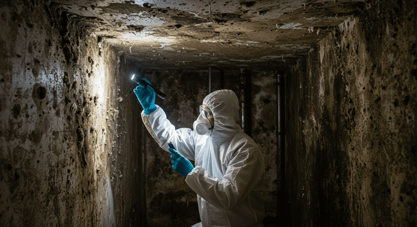A professional mold remediation technician inspecting a damp basement