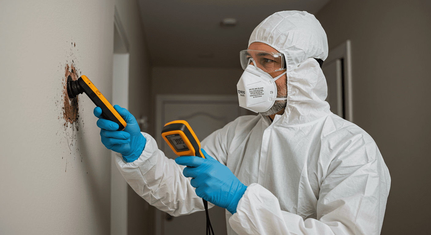 A professional mold inspector wearing protective gear is examining a wall with a moisture meter, highlighting the inspection process.