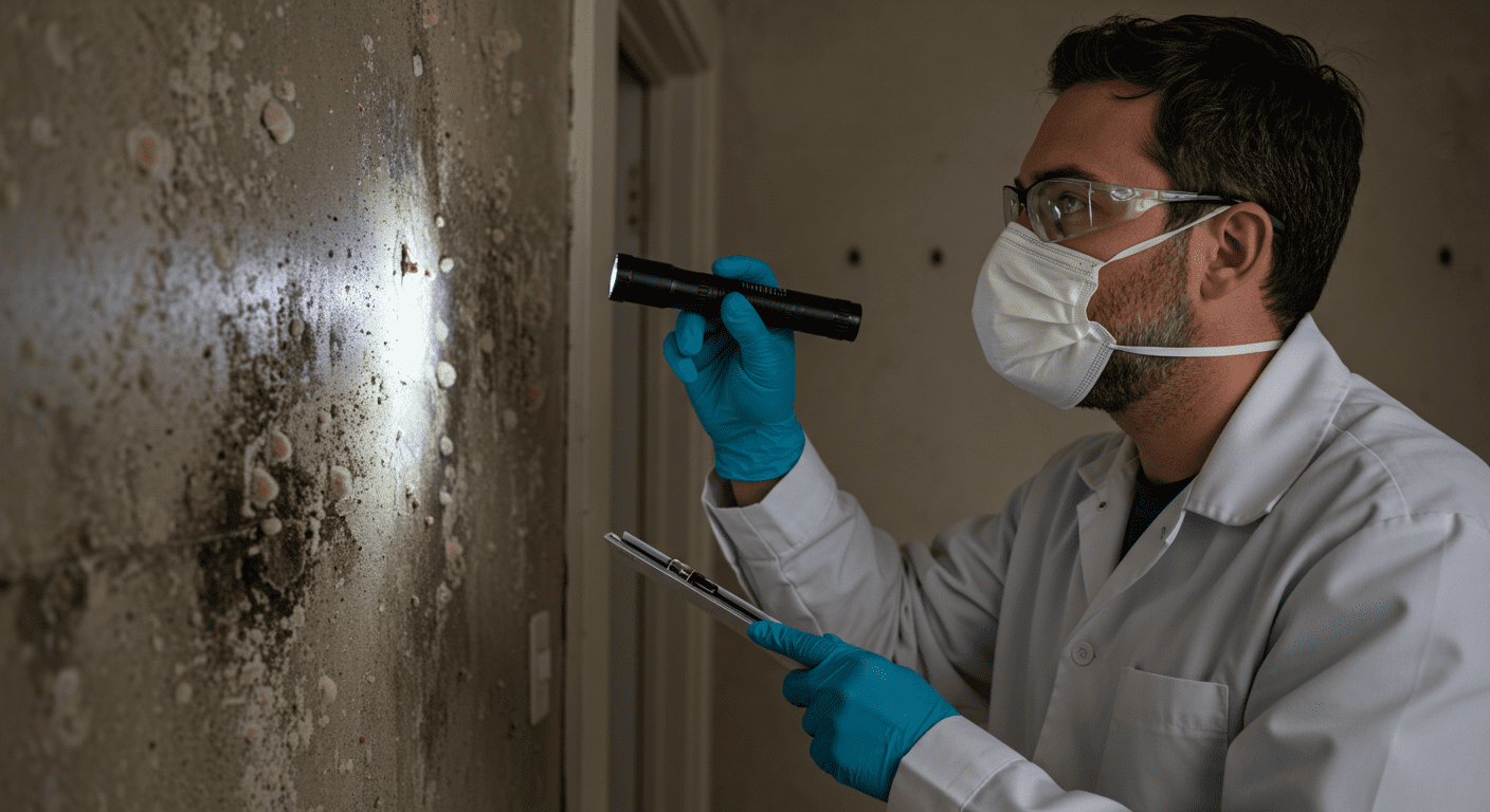 A professional mold inspector examining a wall in a home with a flashlight, revealing patches of mold growth. The inspector is wearing protective gear, including gloves and a mask, to emphasize safety during the inspection process.