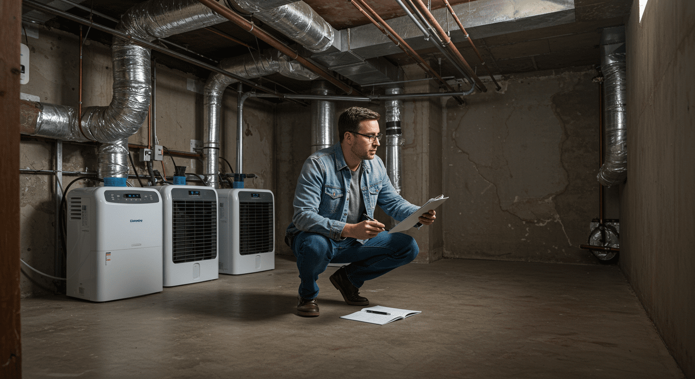 A homeowner inspecting their basement for mold growth, with a focus on proper ventilation and dehumidifiers in the background.