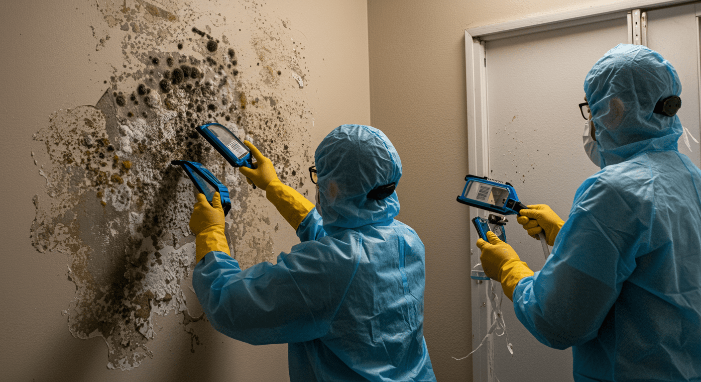A team of technicians actively removing mold from a wall, with visible mold spores and debris. The image showcases the professional equipment used and the careful process of containment and removal.