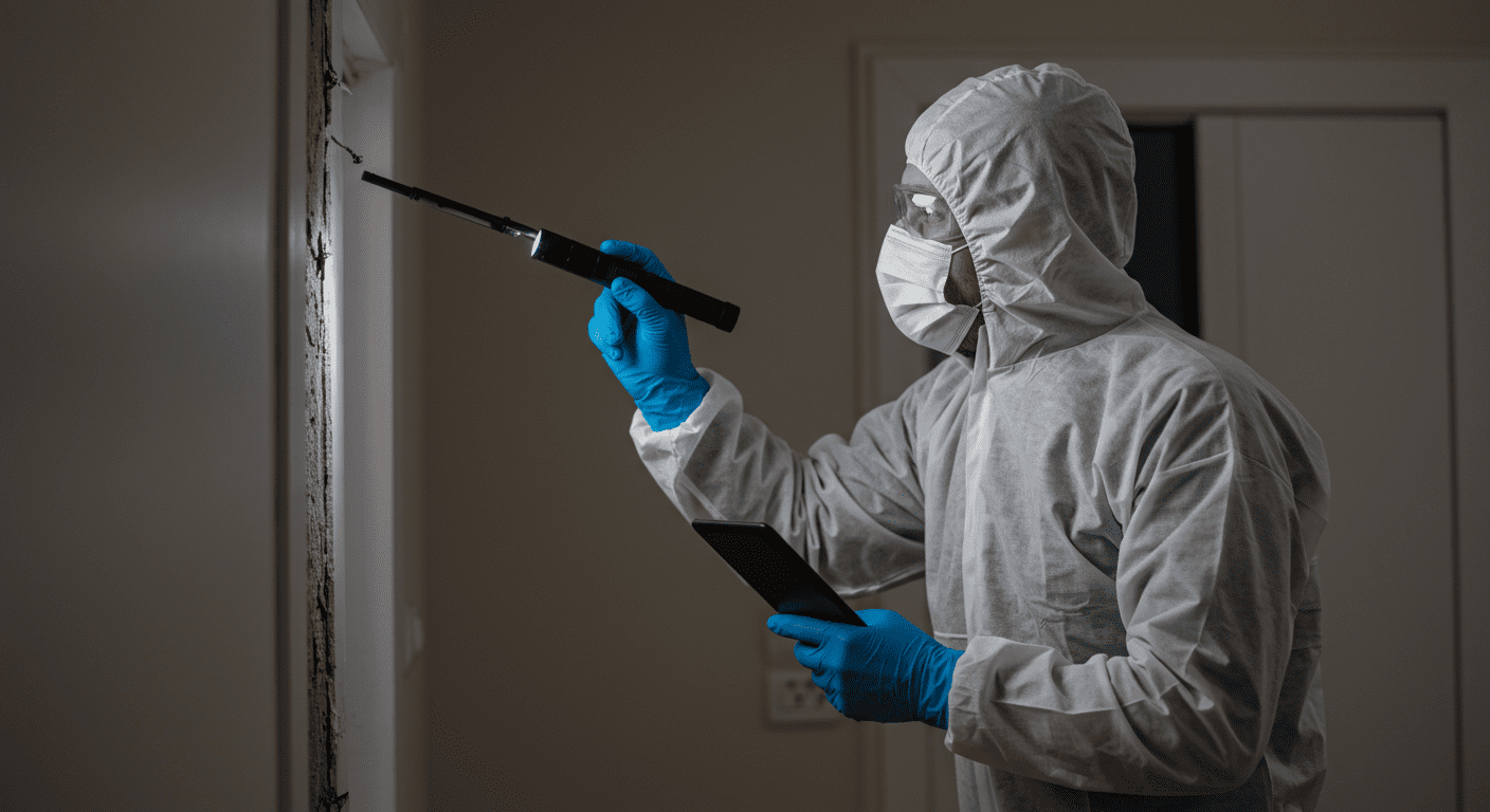 A professional technician in protective gear carefully inspecting a wall for mold in a residential setting. The technician is using a flashlight to highlight areas of concern, showcasing their expertise and thoroughness.