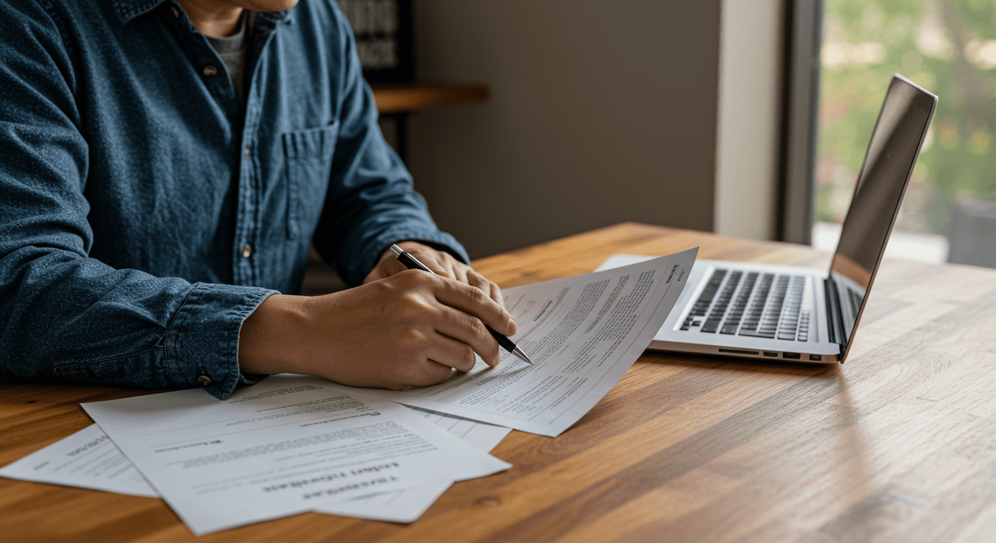A homeowner sitting at a table with documents and a laptop, reviewing floodplain regulations with a focused expression.