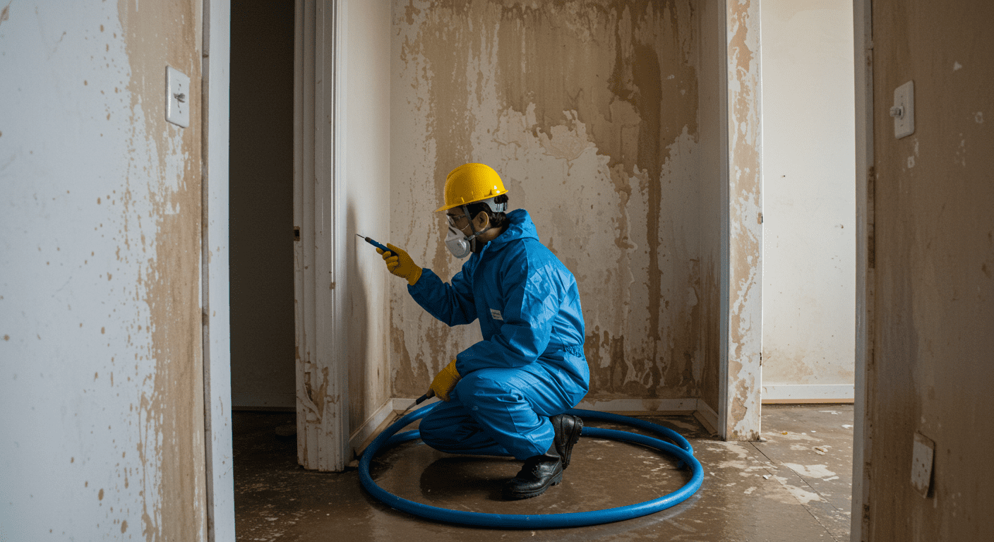 A professional technician in protective gear inspecting a water-damaged area in a home, with visible water stains on the walls and flooring.