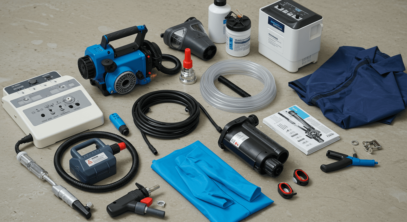 A close-up of water damage restoration tools and equipment laid out on a clean surface. Items like water extraction pumps, dehumidifiers, and protective gear are prominently featured, highlighting the professional aspect of the cleanup process.