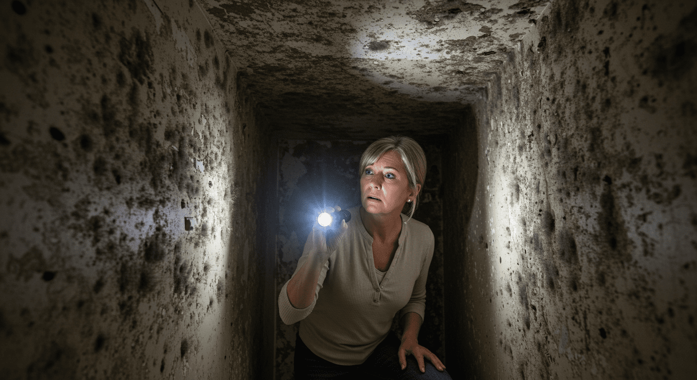 A homeowner inspecting a damp corner of their home with a flashlight, revealing mold on the walls and ceiling.