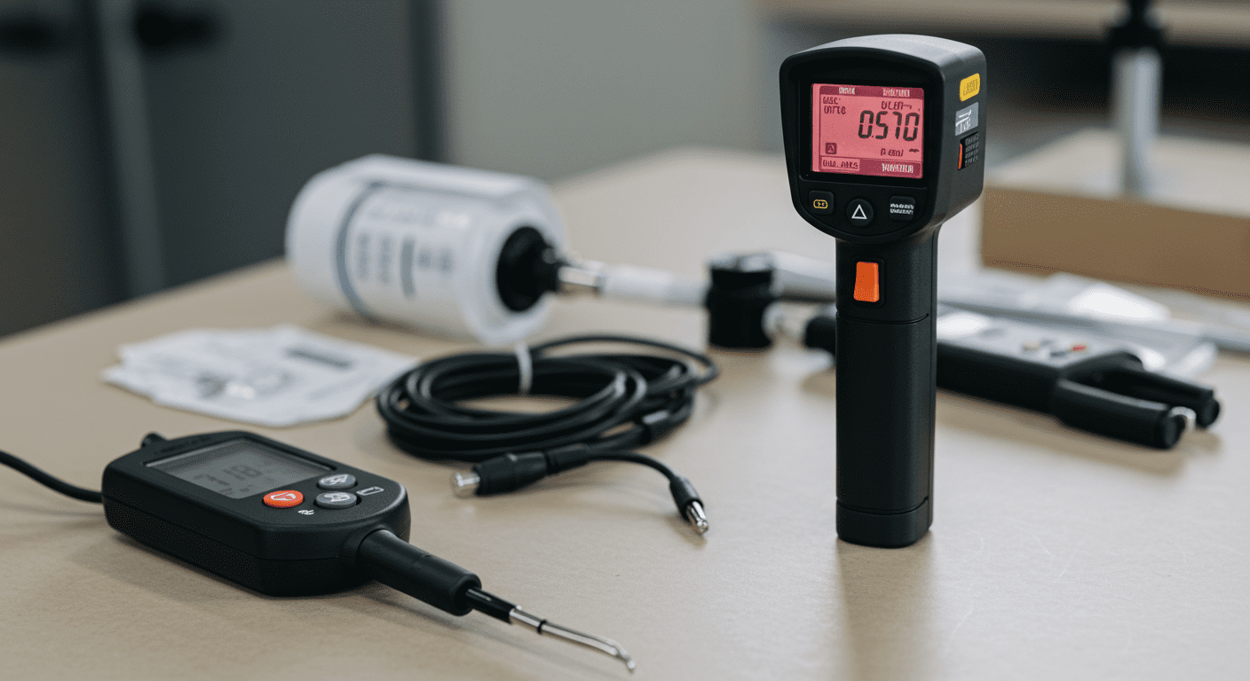 A close-up shot of advanced mold detection tools, such as an infrared camera and moisture meter, laid out on a table.