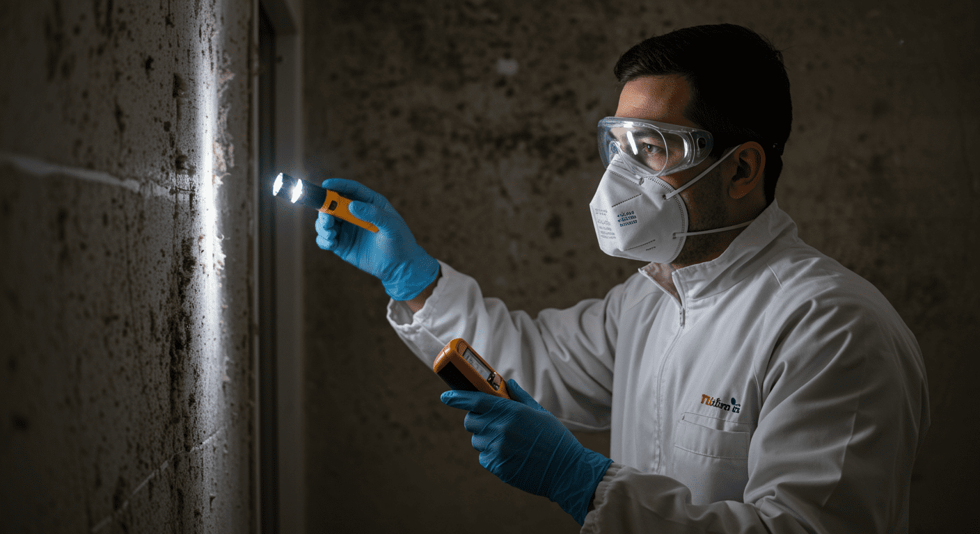A professional mold inspector examining a wall with a moisture meter. The inspector is wearing protective gear, including gloves and a mask, while a flashlight illuminates visible mold patches.