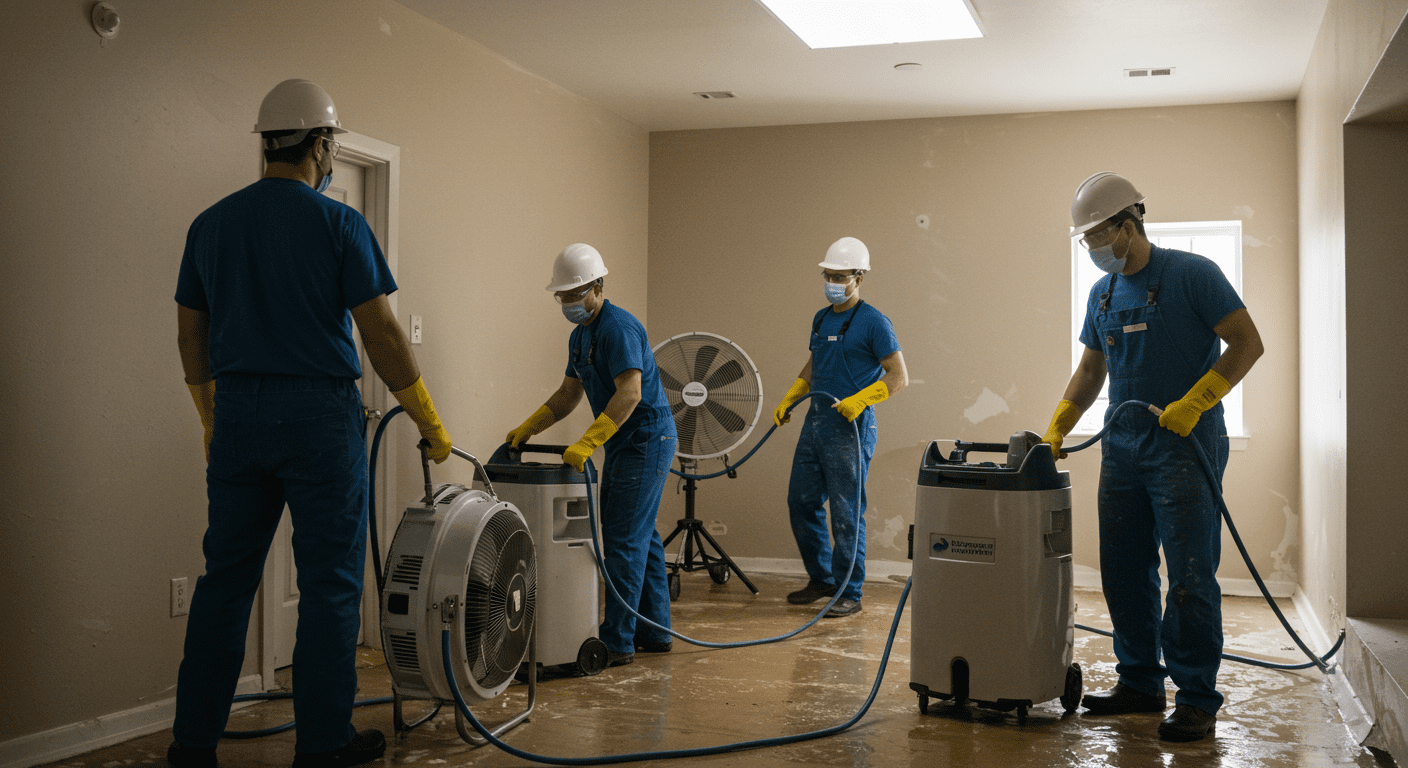 A team of restoration experts actively working on a flooded room, using industrial fans and dehumidifiers to dry the area. The scene captures teamwork and efficiency in the restoration process.