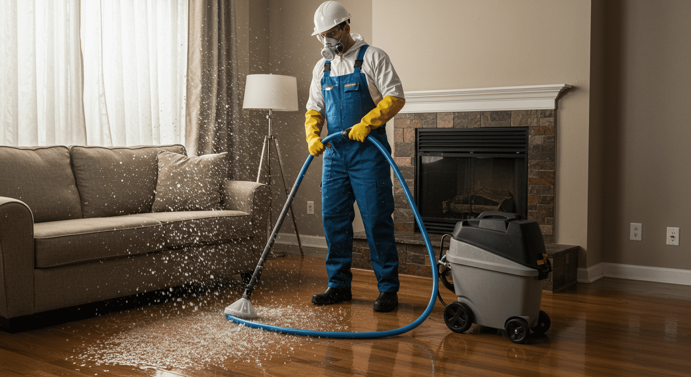 A professional restoration technician in protective gear is using a high-powered water extraction machine in a flooded living room. The scene captures the urgency and expertise involved in water damage restoration.
