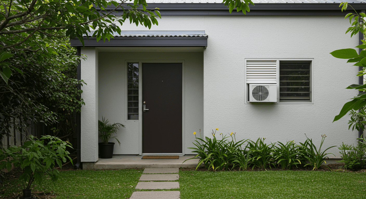 A serene outdoor scene showing a well-ventilated home with plants around it, symbolizing moisture control and good airflow.